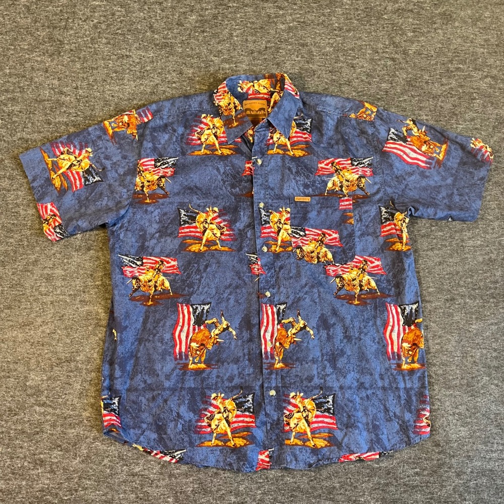 Buckhorn River Mens XL Blue‎ Bull Rider American Flag Western Button Down Shirt